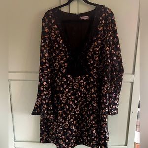 Floral trumpet sleeve dress, tie front closure